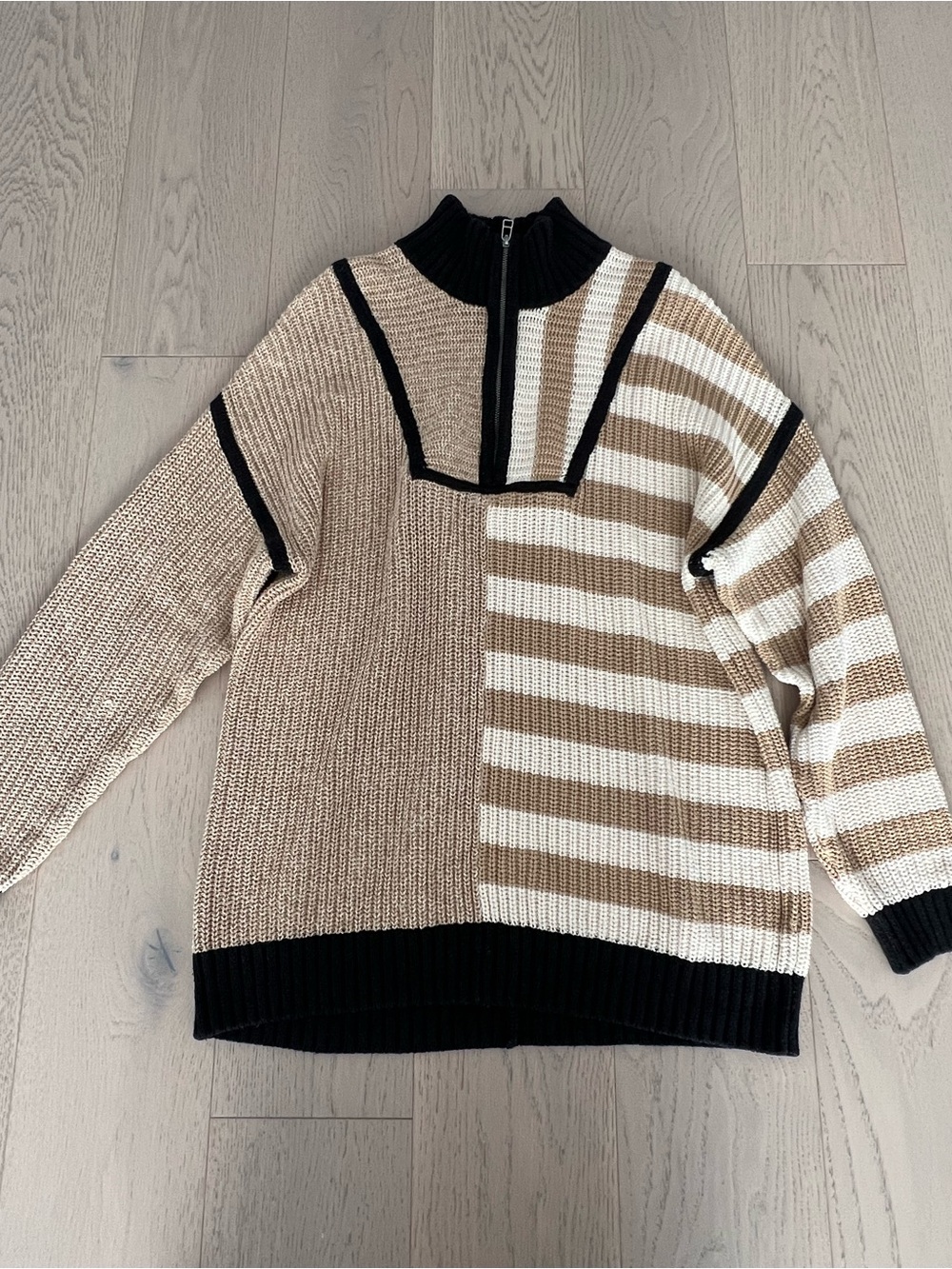 STAUD Neutral Half-Zip Mixed Knit Sweater in Beige, White & Black